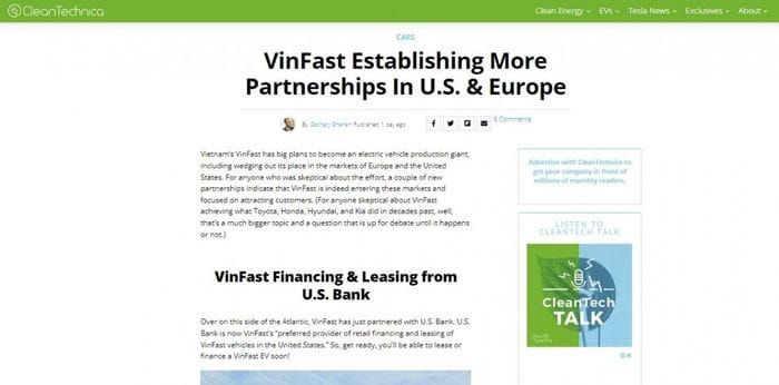 Bài viết 'VinFast mở rộng mạng lưới đối tác tại Mỹ và Châu Âu' trên trang tin tức công nghệ hàng đầu tại Mỹ - Clean Technica
