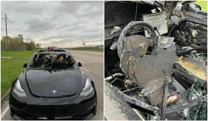  Nội thất của chiếc Model 3 bị thiêu rụi sau sự cố nói trên. Ảnh: Carscoops. 