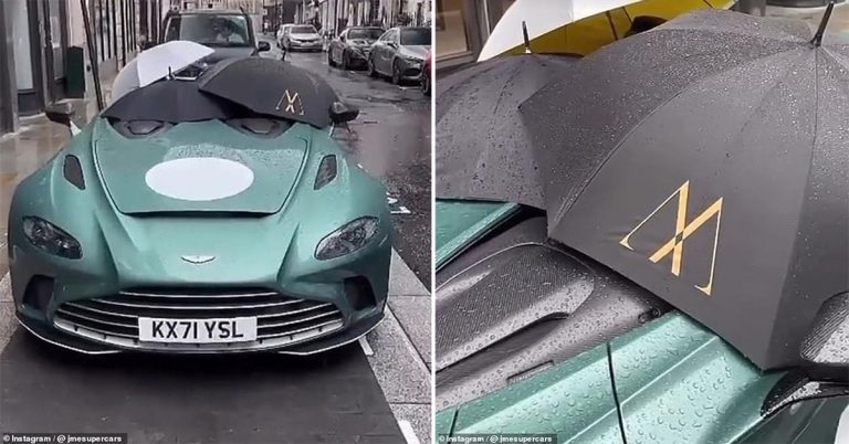 Khi nhà giàu cũng "khóc": Chủ nhân siêu phẩm hàng hiếm Aston Martin mui trần hơn 23 tỷ dùng ô để che khi gặp cơn mưa bất chợt