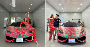 Nữ tiktoker chơi lớn "thay áo" họa tiết chăn con công cho siêu xe Lamborghini Huracan LP610-4 tiền tỷ, CĐM: Thấy xe là thấy Tết!