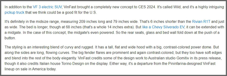 Autoblog dành nhiều lời khen cho chiếc bán tải điện đầu tiên của VinFast - Ảnh chụp màn hình