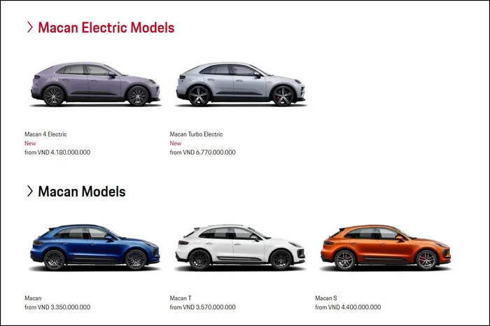  Mới đây, trang web chính thức của Porsche tại Việt Nam đã công bố thông tin chi tiết về thông số và mức giá của mẫu Macan thế hệ thứ 2 phiên bản thuần điện. 
